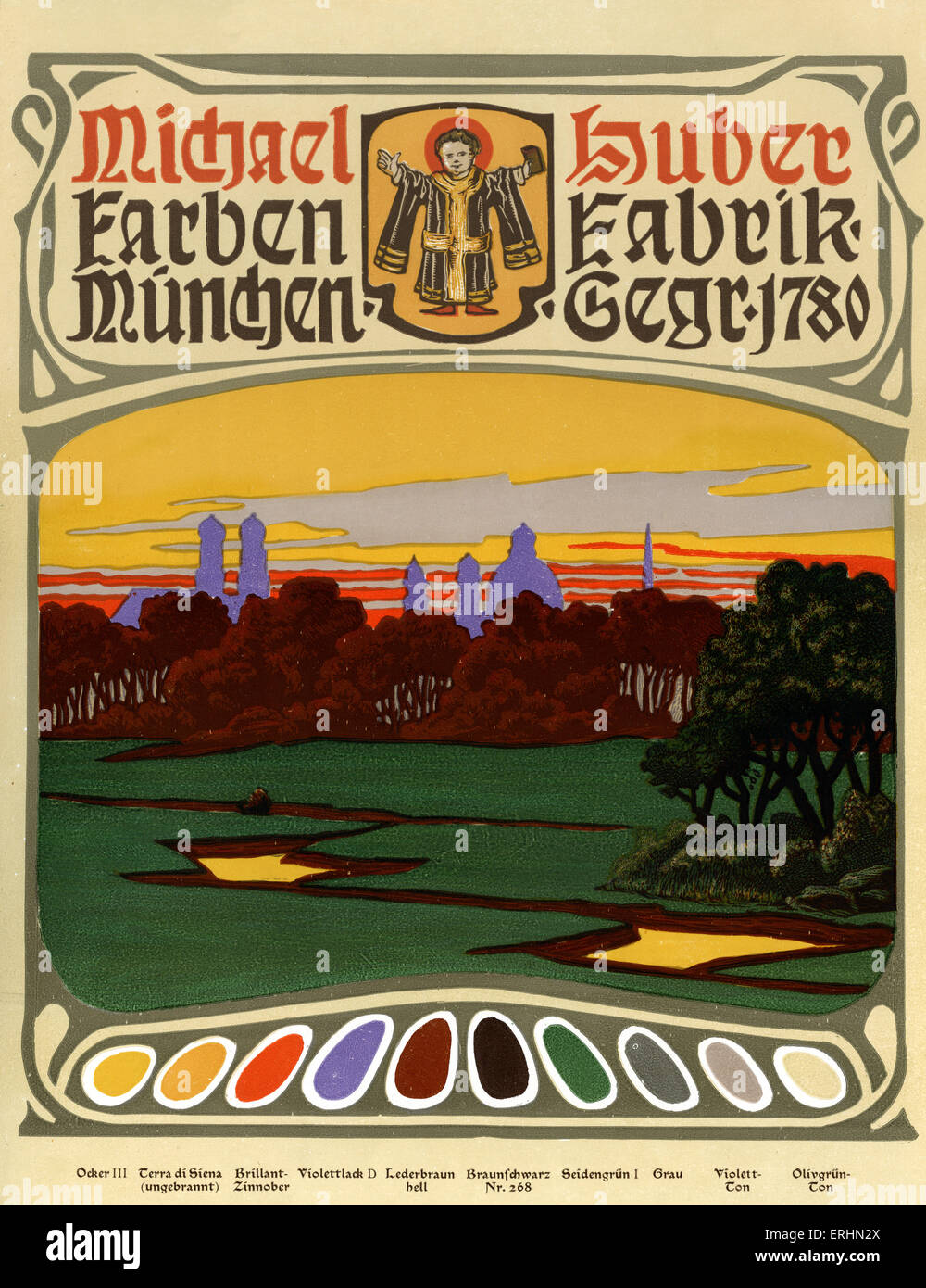 Advertisement from 1902 printers ' catalogue - for Michael Huber paint factory, Munich, Germany. Art deco and art nouveau style. Surround / border. Stock Photo