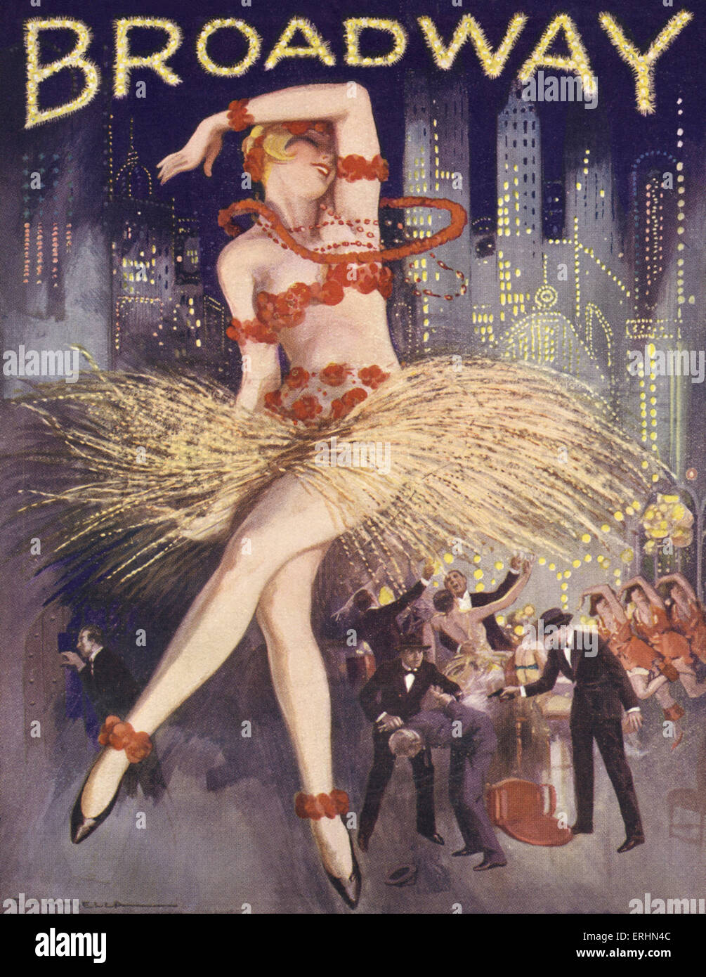 New York showgirl , and gangster background Programme cover for 'Broadway' with dancing girl in grass skirt, flower necklace and flower bracelets and anklets, and gansters shooting in the background, and skyscrapers against the night sky. Paradise Club. Cover by E P Kinsella. Stock Photo