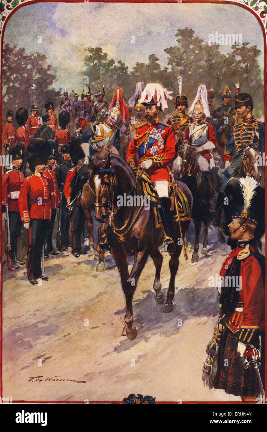 King George V on horseback in uniform of Field-Marshal and British regiments of which he is Colonel 1910 (during Coronation Stock Photo