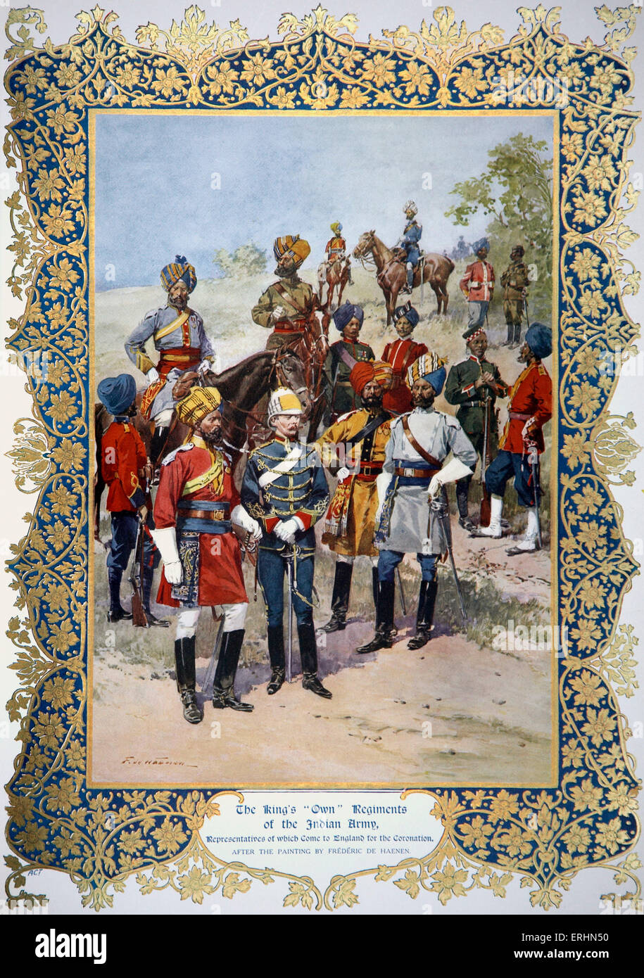 ‘The King’s ‘own’ regiments in the Indian army, representatives of which come to England for the coronation.  Painting by Stock Photo