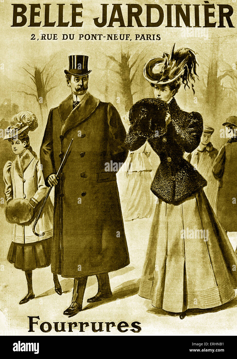 French Fashion advertisement for furs / Fourrures 1906 Belle Jardiniere: 2 Rue du Pont-Neuf, Paris. Fourrures. Stock Photo