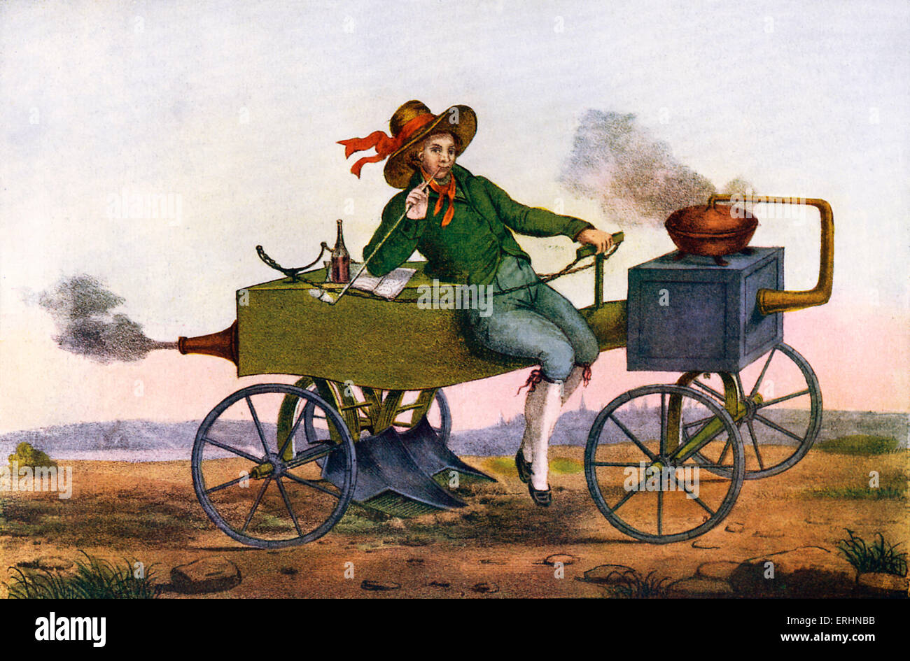 Man driving an early steam tractor or hoeing machine while leisurely smoking a long pipe. Showing how hard work becomes Stock Photo
