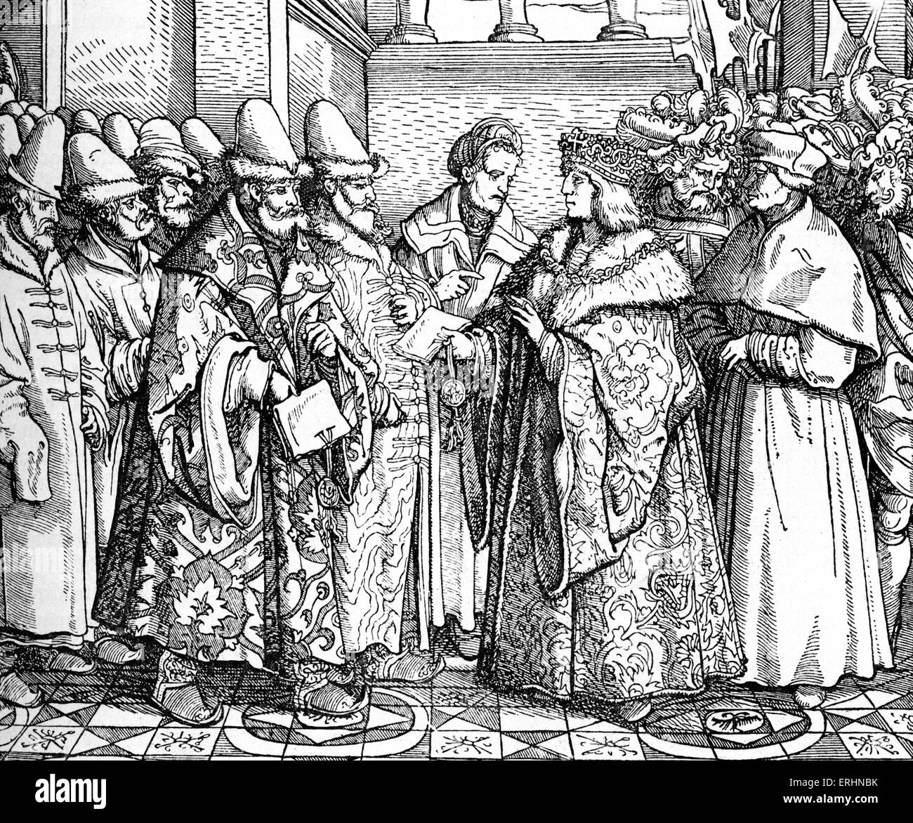 Emperor Maximilian I of Habsburg receiving Vasili III of Russia and his legation, early 16th century.  Vasili III of Russia - Stock Photo