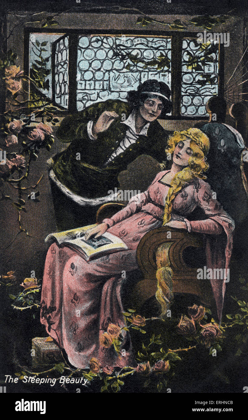 Sleeping Beauty fairy tale by Charles Perrault Anonymous illustration:  The Prince bends to wake the sleeping princess.  French Stock Photo