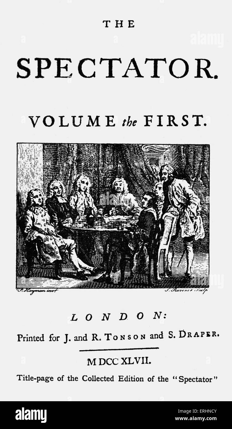 'The Spectator' -  political journal founded by Joseph Addison and Richard Steele in England, 1711. Title page from the First Stock Photo