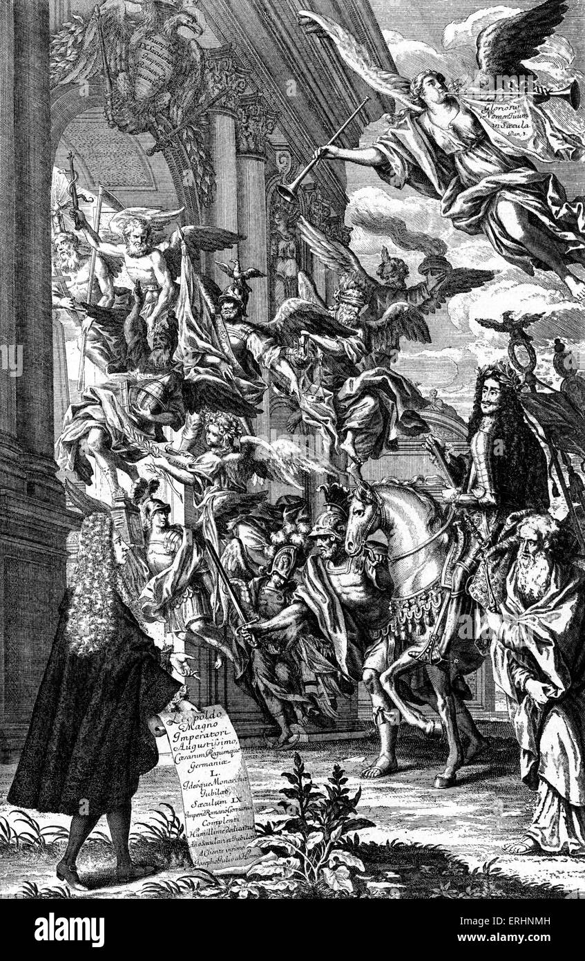 Glorification / apotheosis of Leopold I - the Holy Roman Emperor on horseback surrounded by angels. Title page of 'Triumphus Stock Photo