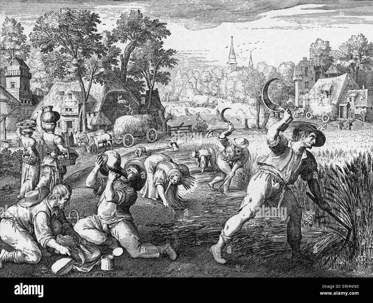 Farmers with scythes harvesting their fields, 17th century. Engraving, artist unknown. Stock Photo