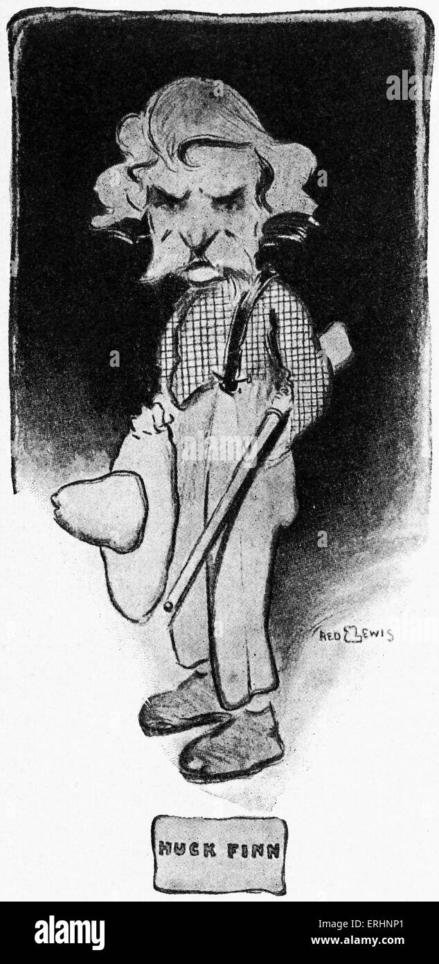 Mark Twain as Huckleberry Finn - Caricature by Red Lewis.   American humanist, satirist, lecturer and writer.  Author of the Stock Photo