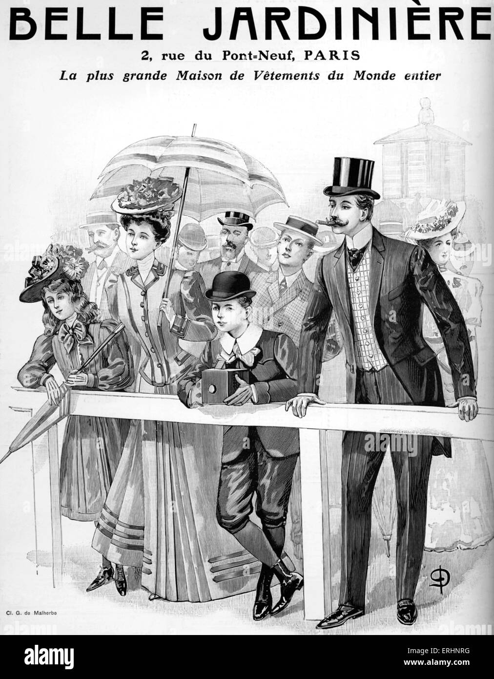 Fashion advert 1906 for a day at the races. Boy with box camera, with parents and sister.' Belle Jardiniere, modes d'ete'. Stock Photo