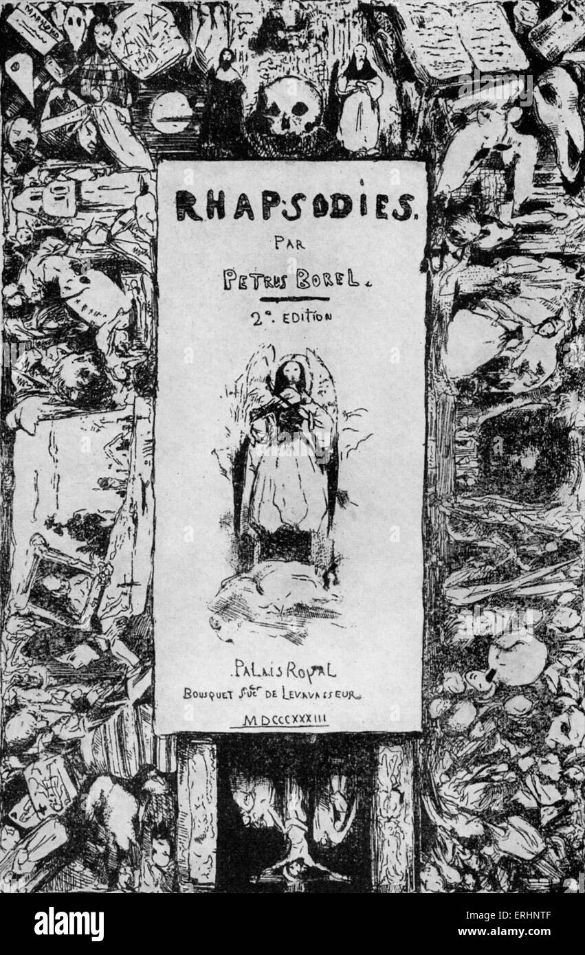Petrus Borel title page of second edition of Rhapsodies, 1833. Illustration by Celestin Francois Nanteuil (1813 - 1873). French writer, poet of Romantic movement, 26 June 1809 - 14 July 1859. Stock Photo