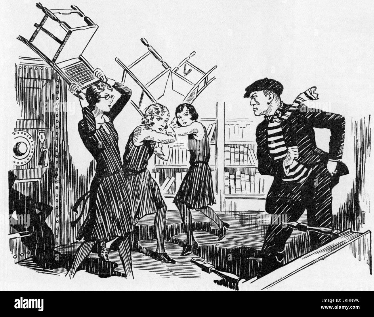 Schoolgirls attacking intruder with chairs - Caption reads: 'Look here', he commenced, 'I don't want to do anything nasty, Stock Photo