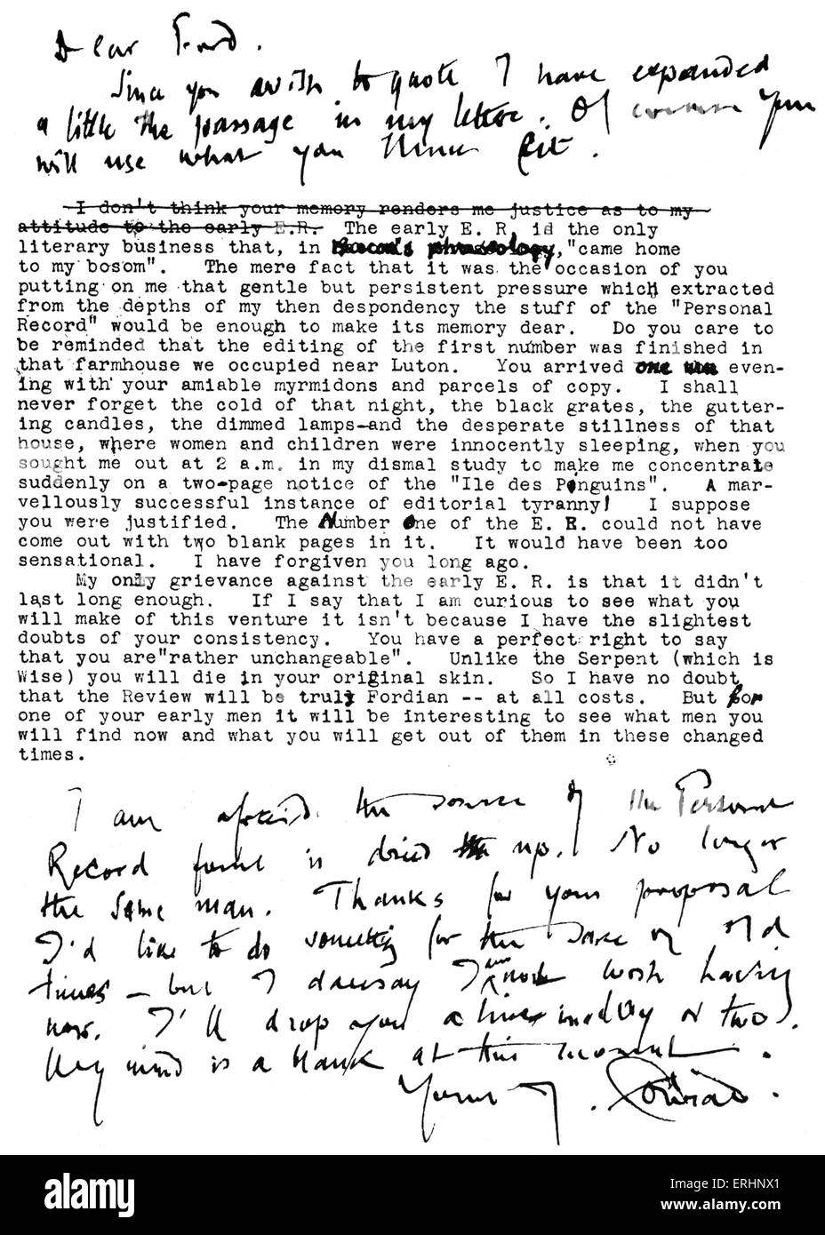 Joseph Conrad - Handwritten and typed letter from Joseph Conrad to Ford Madox Ford. Polish-born English novelist. 3 December Stock Photo