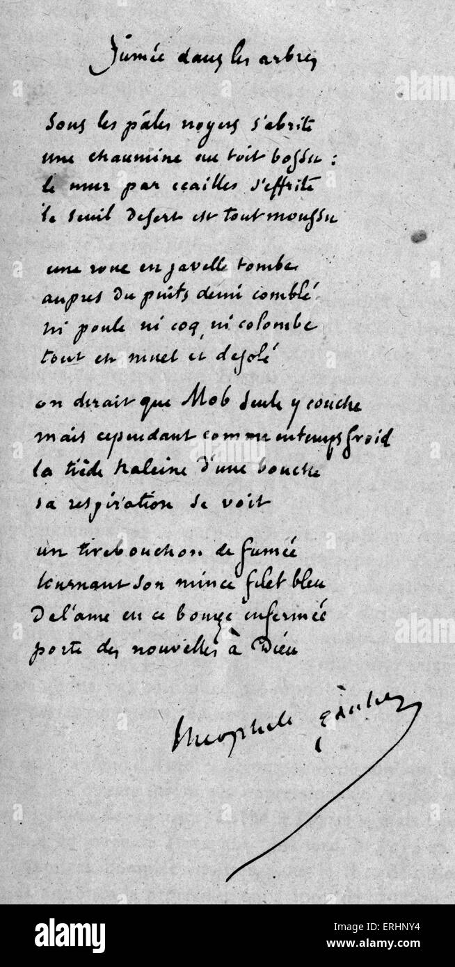 Handwritten poem entitled 'Fumée',  by Théophile Gautier - French poet, dramatist, writer and critic: 31 August 1811 - 23 Stock Photo