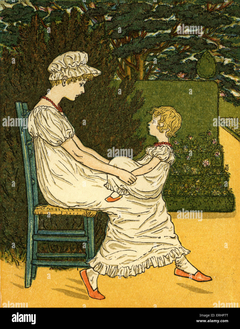 Johnny shall have a new bonnet, illustrated by Kate Greenaway. English children 's book illustrator and authoress 17 March 1846 Stock Photo