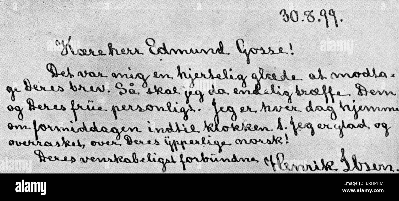 Letter from Henrik Ibsen to Edmund Gosse - 30 August 1899. HI: Norwegian playwright, 20 March 1828 – 23 May 1906. EG: English Stock Photo