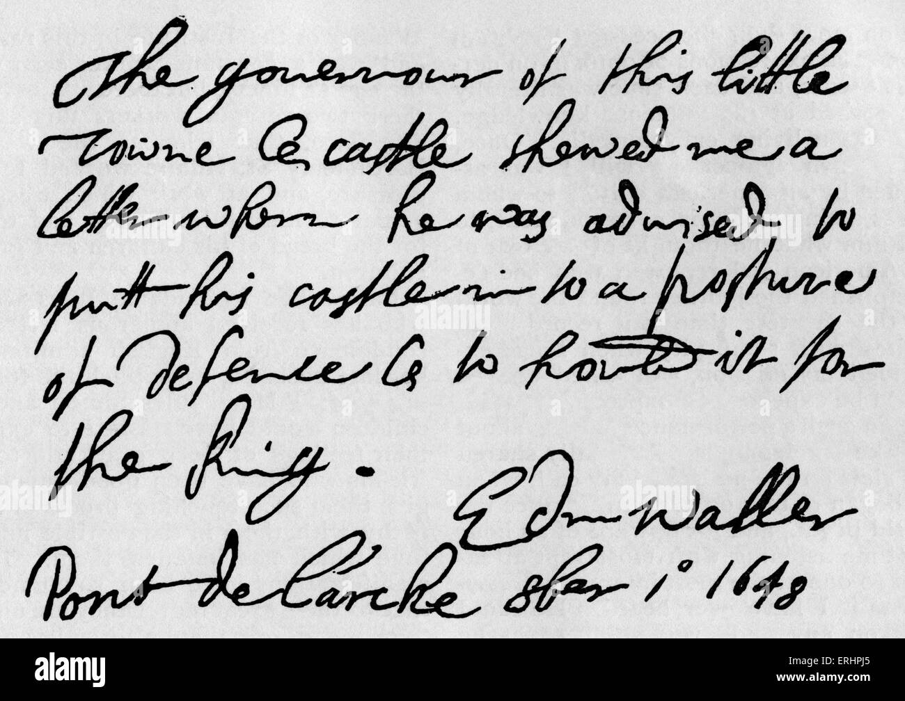 Handwriting of Edmund Waller - English poet and politician: 3 March 1606 – 21 October 1687. Stock Photo