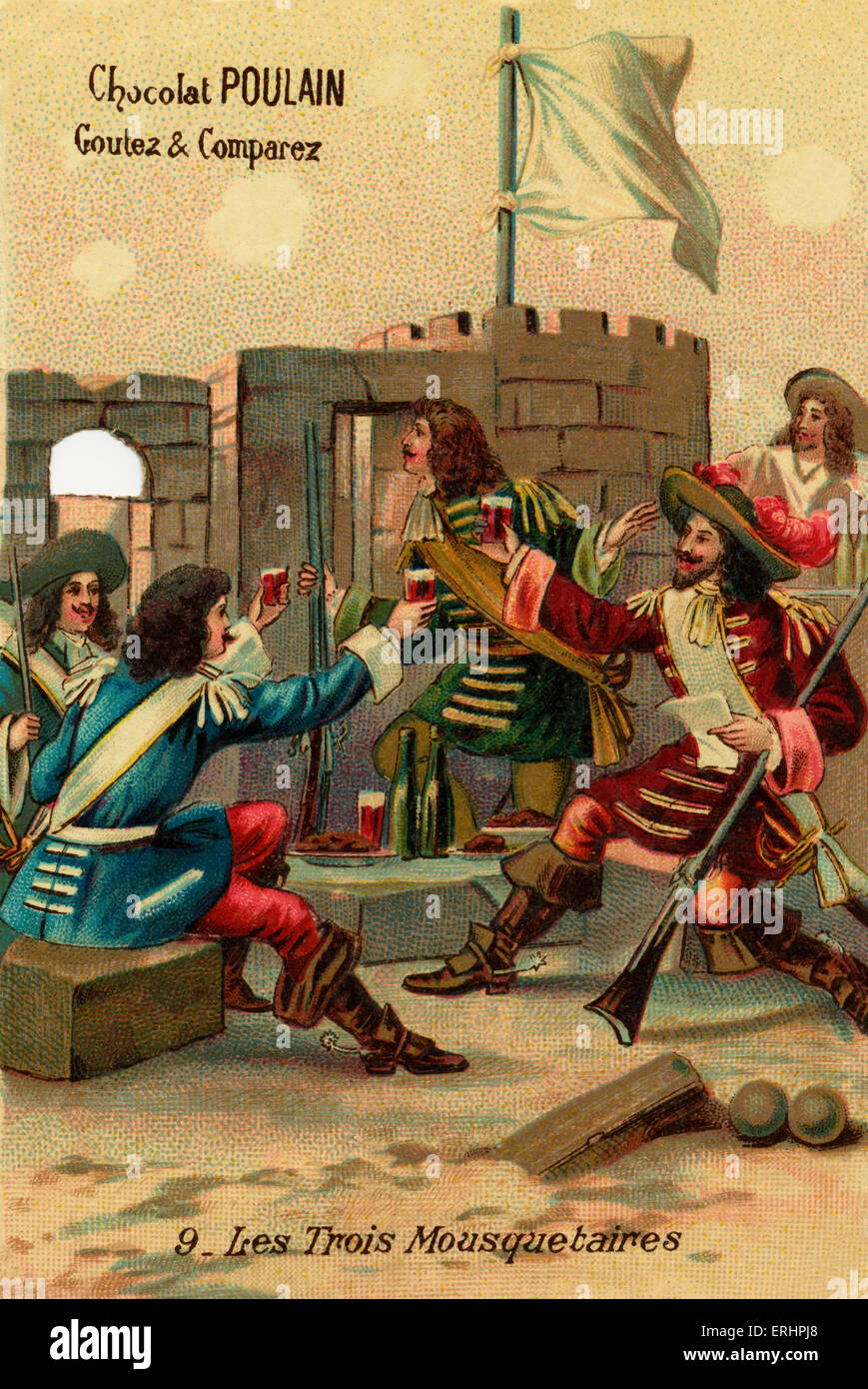 The Three Musketeers - D'Artagnant and his three friends, eating and drinking, resume their plan of defence at La Rochelle, Stock Photo