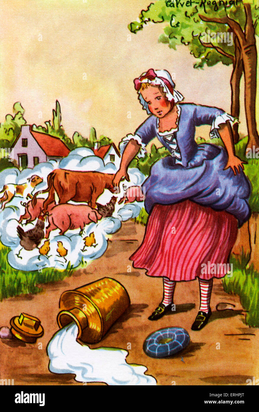 Fables de la Fontaine - Book 7, no.11. 'The dairywoman and the milk pot'. Fables by Jean de la Fontaine:  French fabulist and Stock Photo
