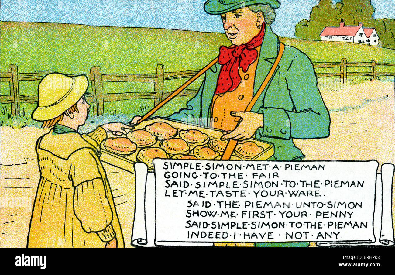 Simple Simon met a Pieman - Nursery rhyme . Food street seller. The fair was an extremely popular place to sell 'your wares.' Rhyme reads: 'Simple Simon met a pieman going to the fair. Said simple Simon to the pieman le me taste your ware. Said the pieman unto Simon show me first your penny. Said simple Simon to the pieman indeed I have not any.' Stock Photo