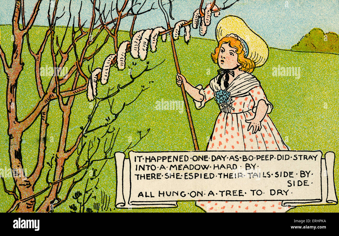 Little Bo Peep - a shepherdess who loses her sheep.  Nursery rhyme dates back to Victorian era: Illustration portrays the verse Stock Photo
