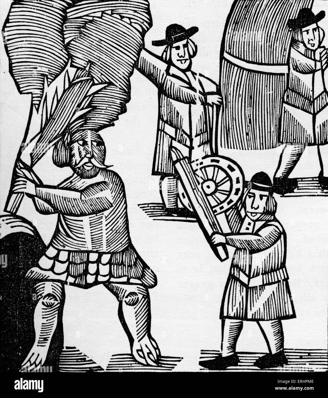 History of Thomas Hickathrift - a legendary giant killer of East Anglian English folklore. The giant (left) picks up his club to beat Tom, but Tom (right) takes the cartwheel, preparing to fight the giant. The fairy tale as told by Joseph Jacobs originates from a chapbook in the Pepsyian Library from around 1660. Stock Photo