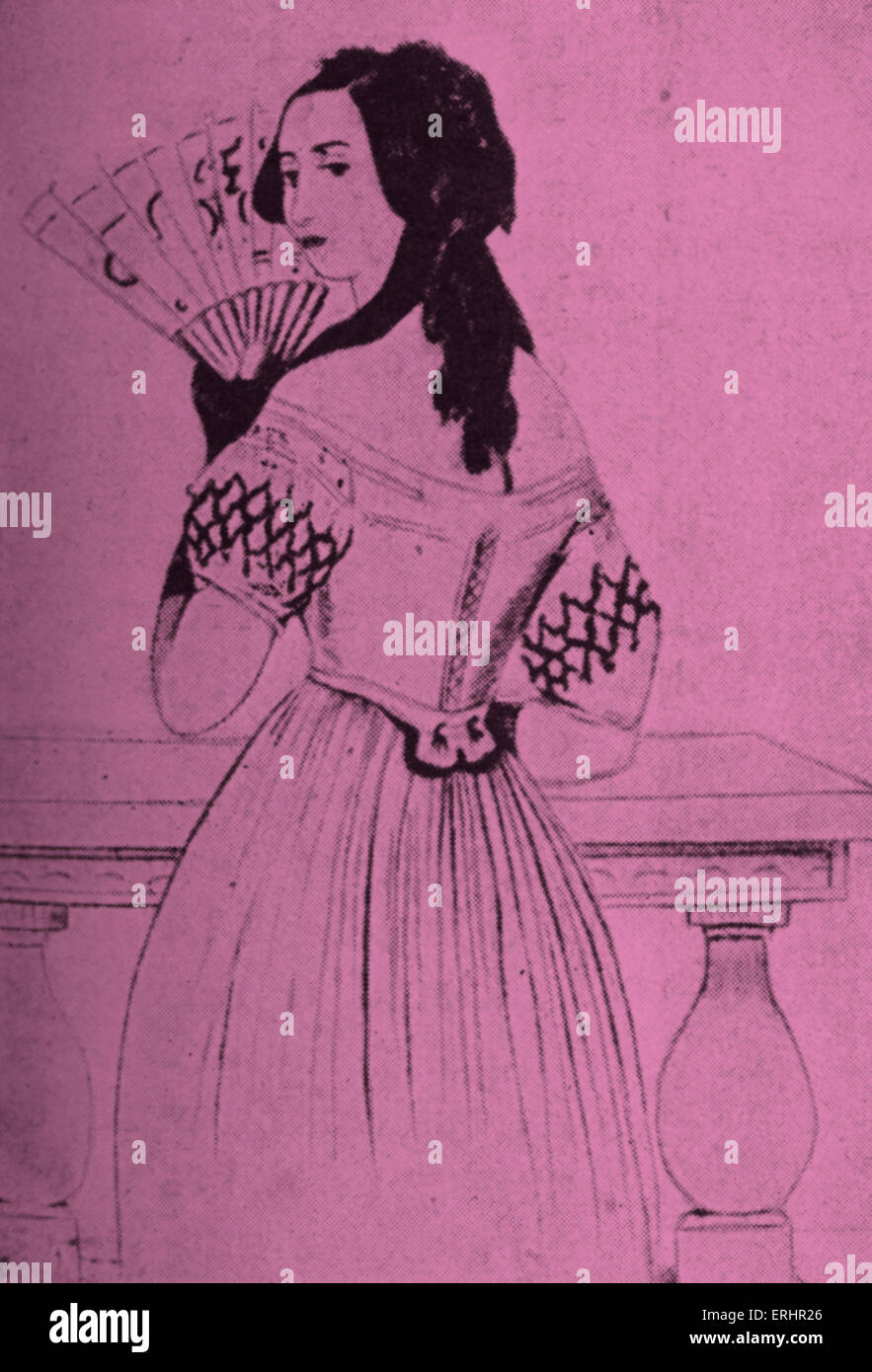 George Sand - fanning herself. French novelist and feminist: 1 July 1804 – 8 June 1876.  From a drawing by Alfred de Musset: 11 Stock Photo