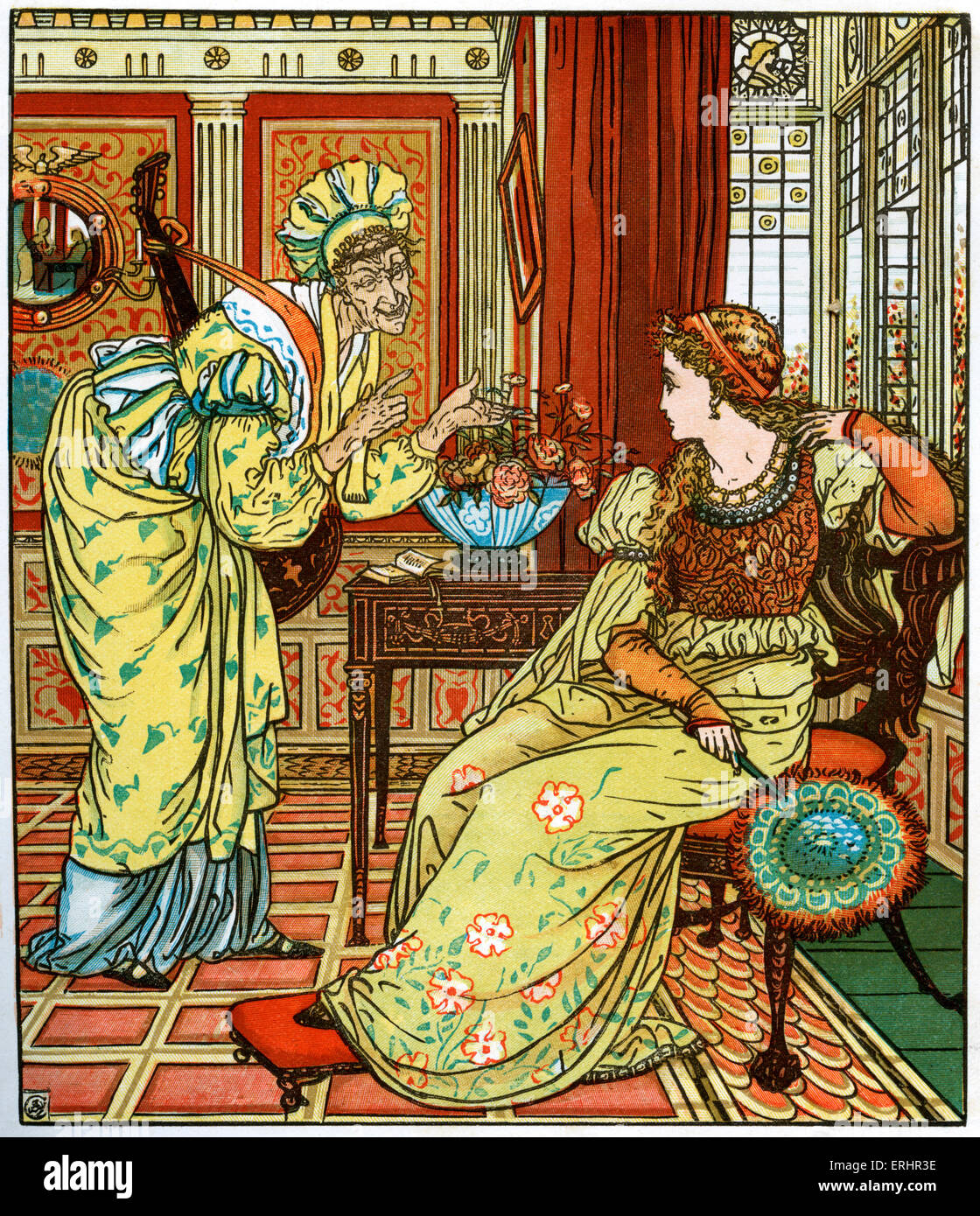 Princess Belle Etoile - Queen mother (left) and Belle Etoile (right). Illustration from Madame d'Aulnoy's fairy tale. Designed Stock Photo