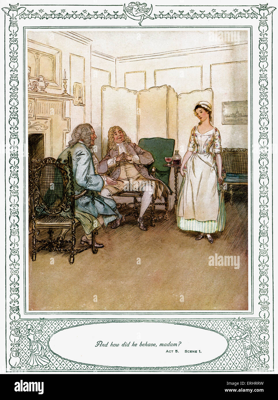 Oliver Goldsmith 's play - 'She Stoops to Conquer or The Mistakes of a Night'. Act 5, Scene 1 - 'And how did he behave, madam?'. Illustrated by Hugh Thomson, published by Hodder & Stoughton, London 1912. OG: Anglo-Irish writer, playwright, poet, physician 10 November 1730 or 1728 – 4 April 1774. Stock Photo