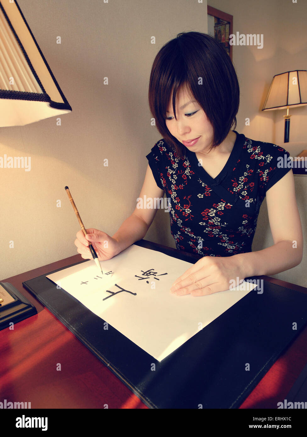 Asian Lady Writing Letter Tranquil Chinese Stock Photo