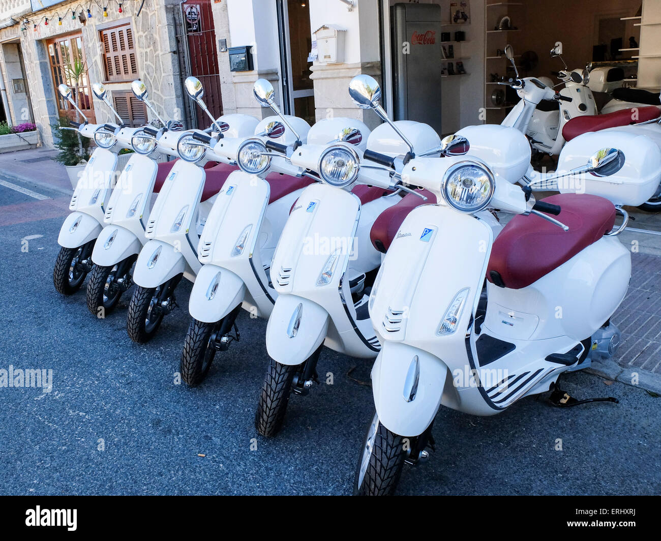 Vespa Scooters for hire, Port De Soller, Mallorca, Spain Stock Photo