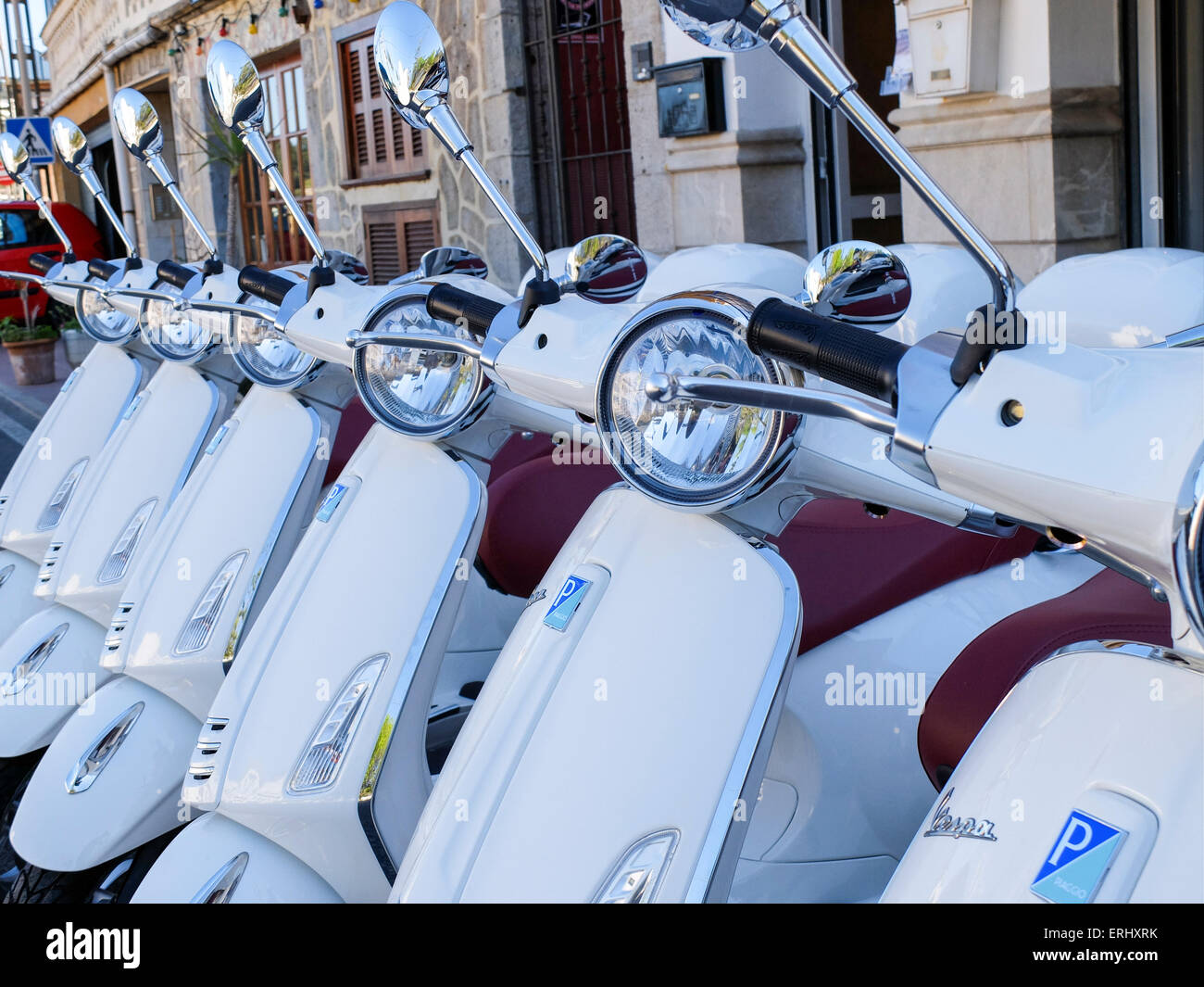 Vespa Scooters for hire, Port De Soller, Mallorca, Spain Stock Photo