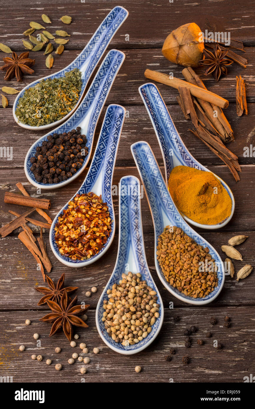 Oriental Spices used as cooking ingredients. Stock Photo