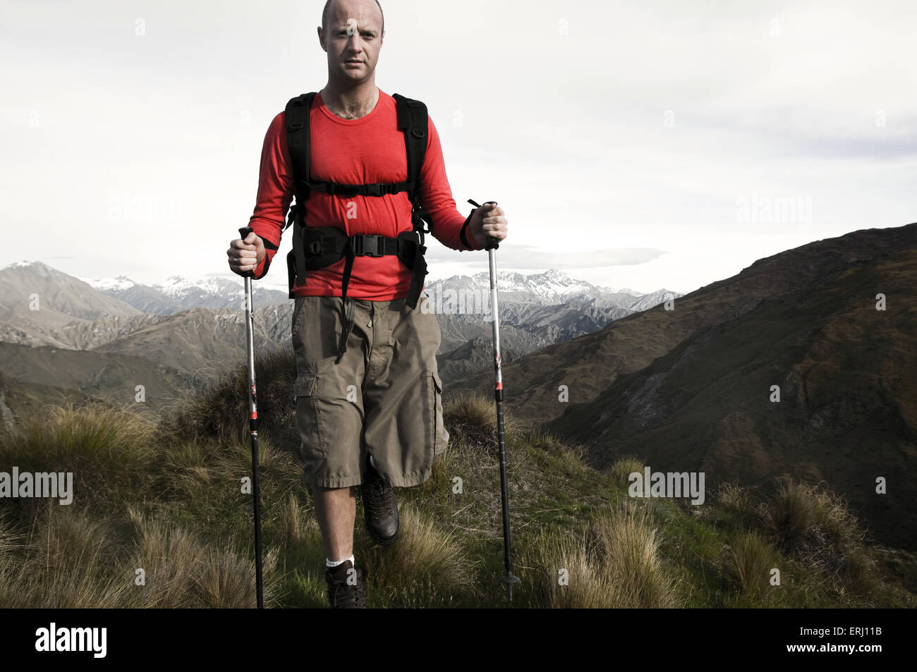 Extreme Hiking across rugged mountains, New Zealands Southern Alps. Stock Photo