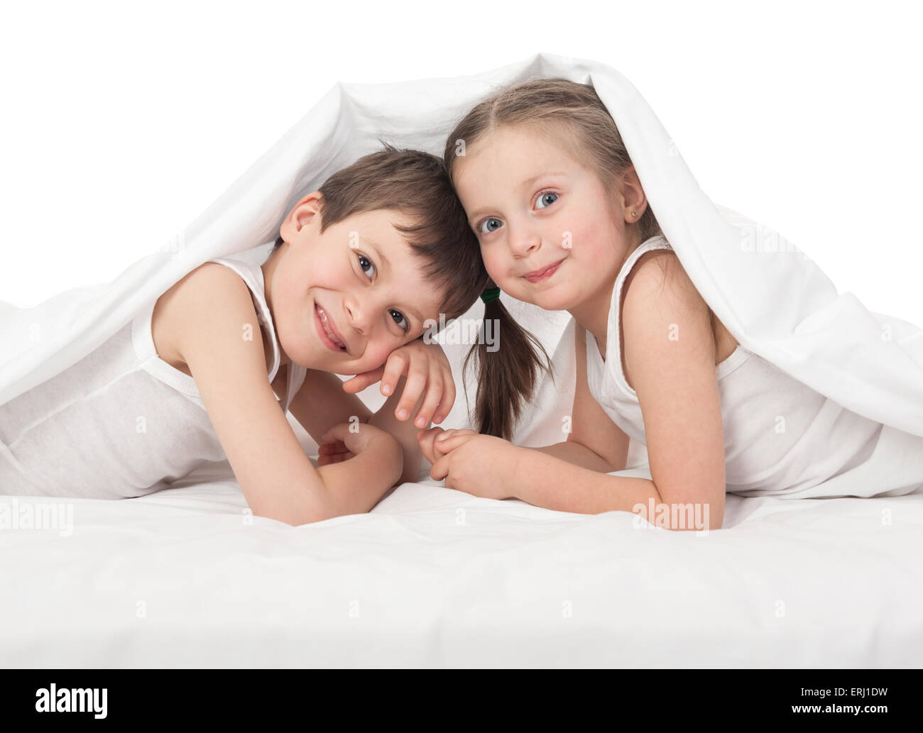cheerful children hiding under the blanket Stock Photo Alamy