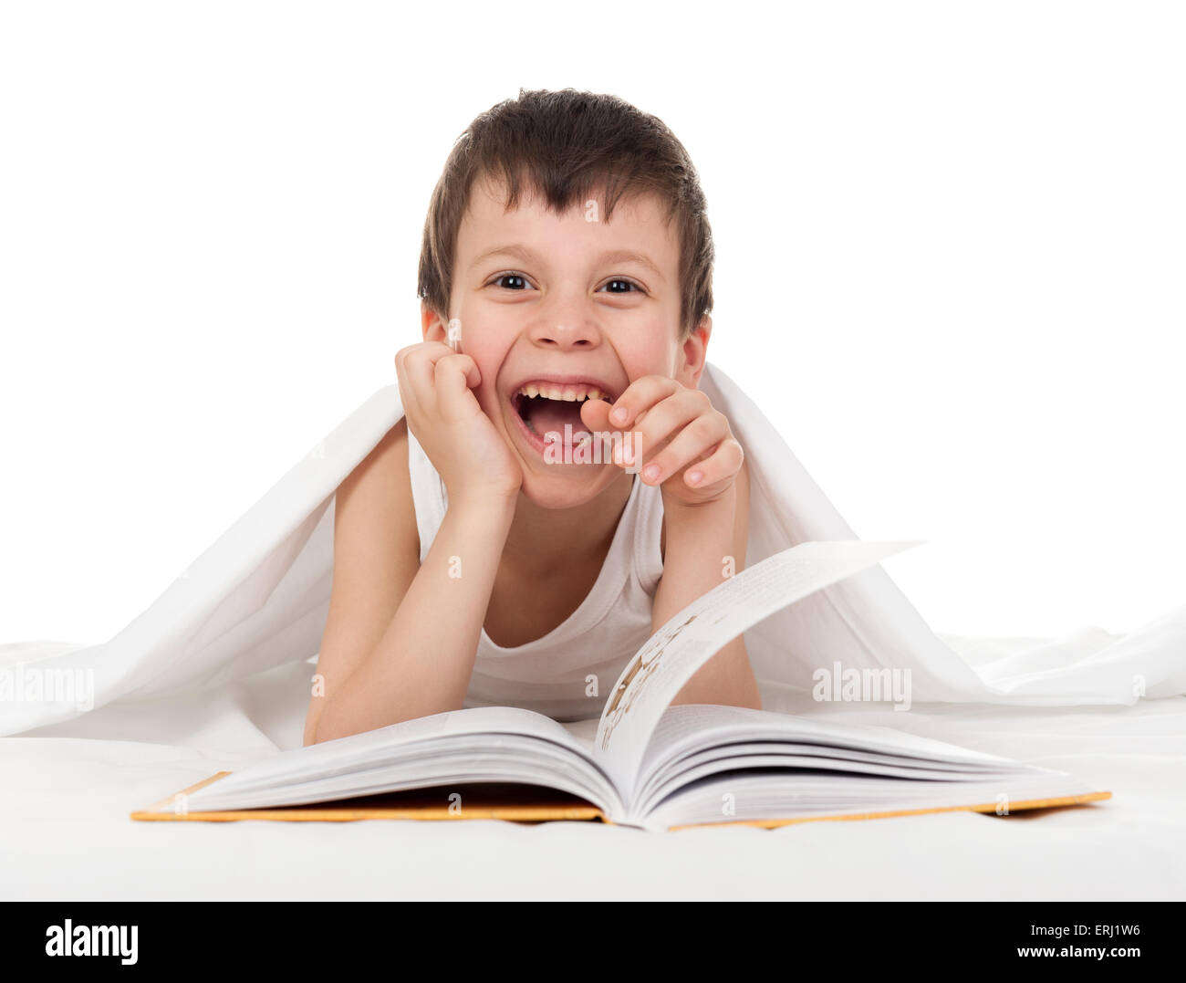 boy, book, read, child, male, bed, lie, rest, lay, healthy, skin, good, blanket, hide, under, peep, peer, out, play, kid, one, s Stock Photo