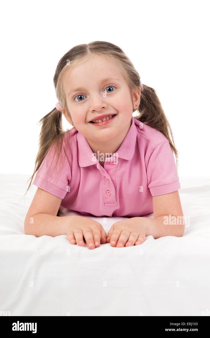 portrait girl in pink dress in bed Stock Photo - Alamy