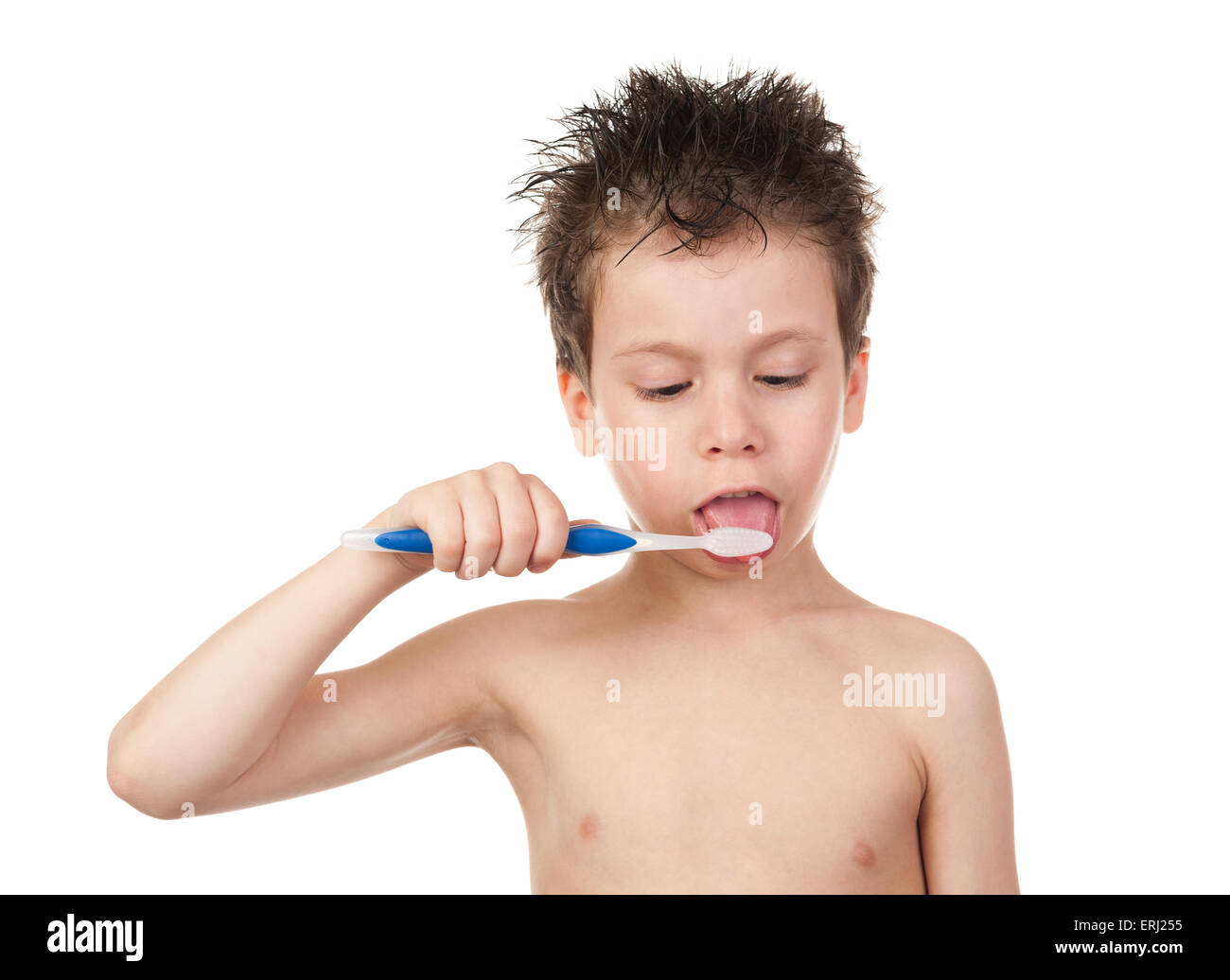 child with wet hair brushing teeth Stock Photo - Alamy