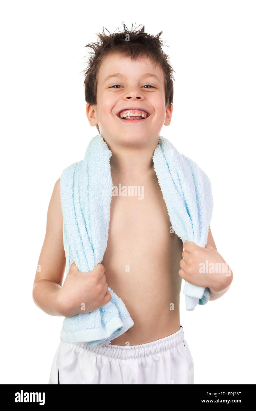 boy in towel with wet hair isolated Stock Photo Alamy