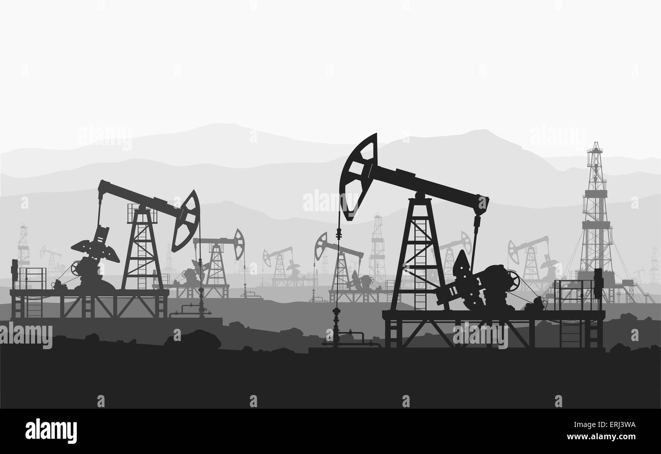 Oil pumps at large oilfield over mountain range. Detail vector
