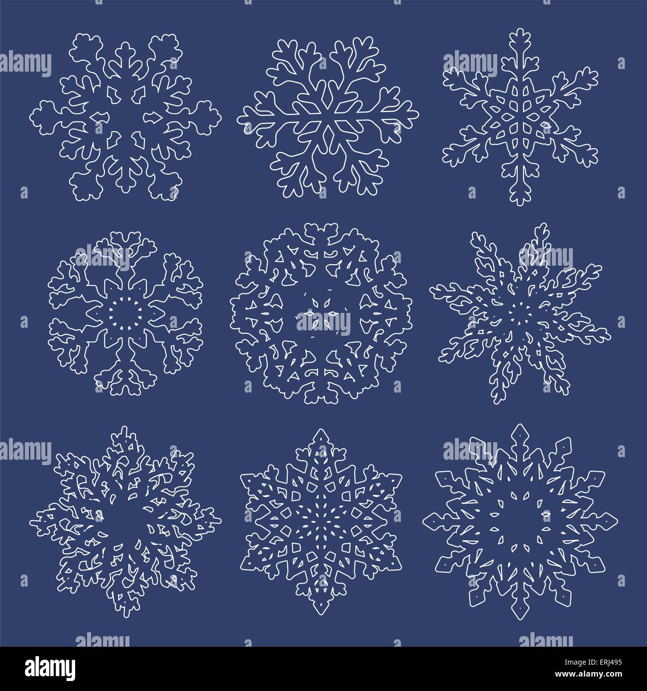 Set of  white contour snowflakes isolated on blue background. Vector illustration. Stock Vector