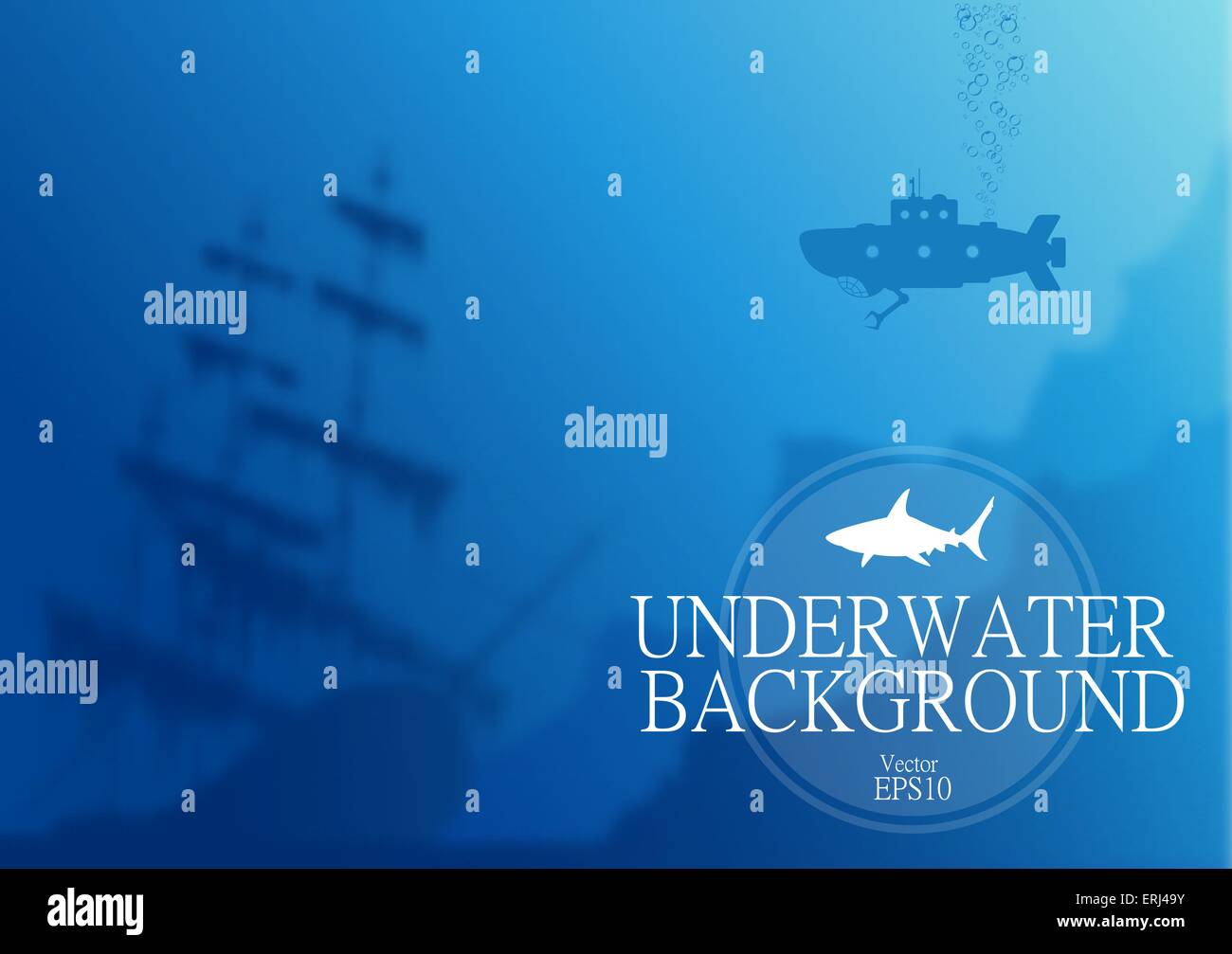 Blurred underwater background with old ship and submarine silhouette. Vector illustration EPS 10. Stock Vector