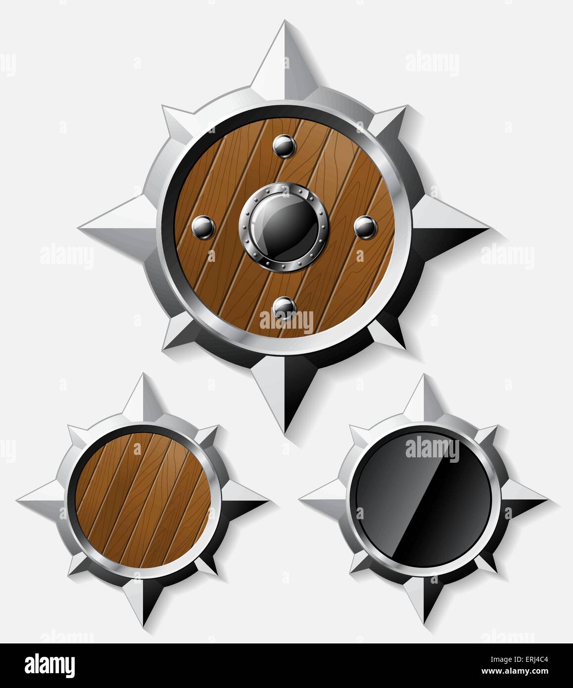 Set of shields from steel and wood in star shape isolated on grey - vector eps10. Stock Vector