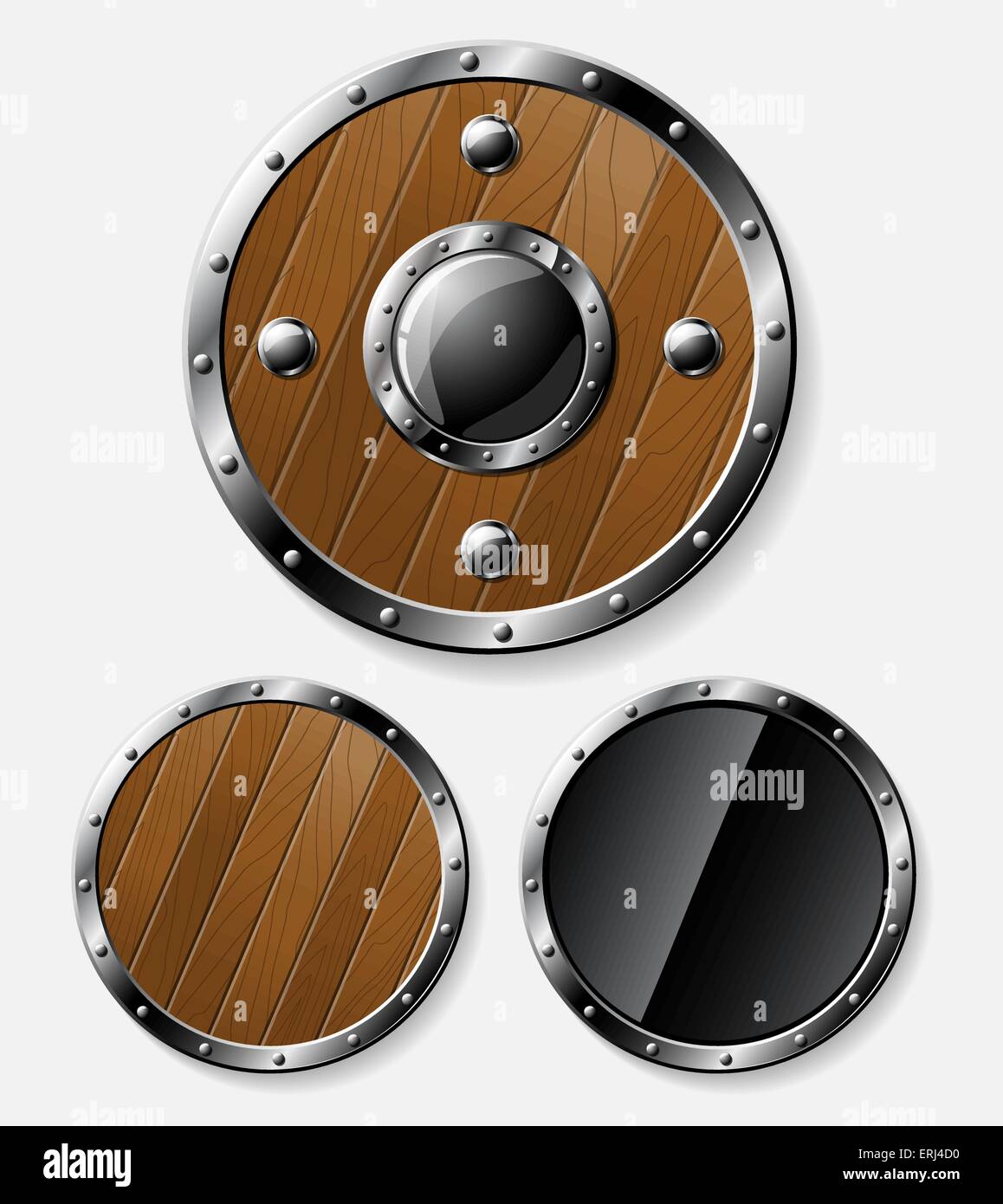 Set of round shields from steel and wood isolated on grey background - vector eps10. Stock Vector