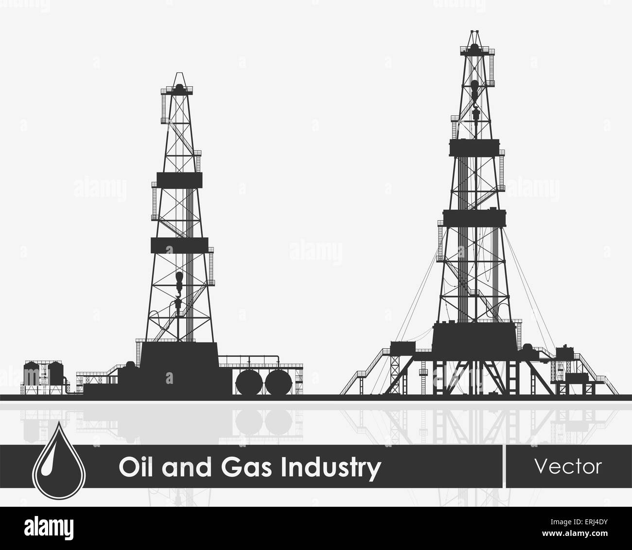 Set of oil rigs silhouettes. Detailed vector illustration over gray background. Stock Vector