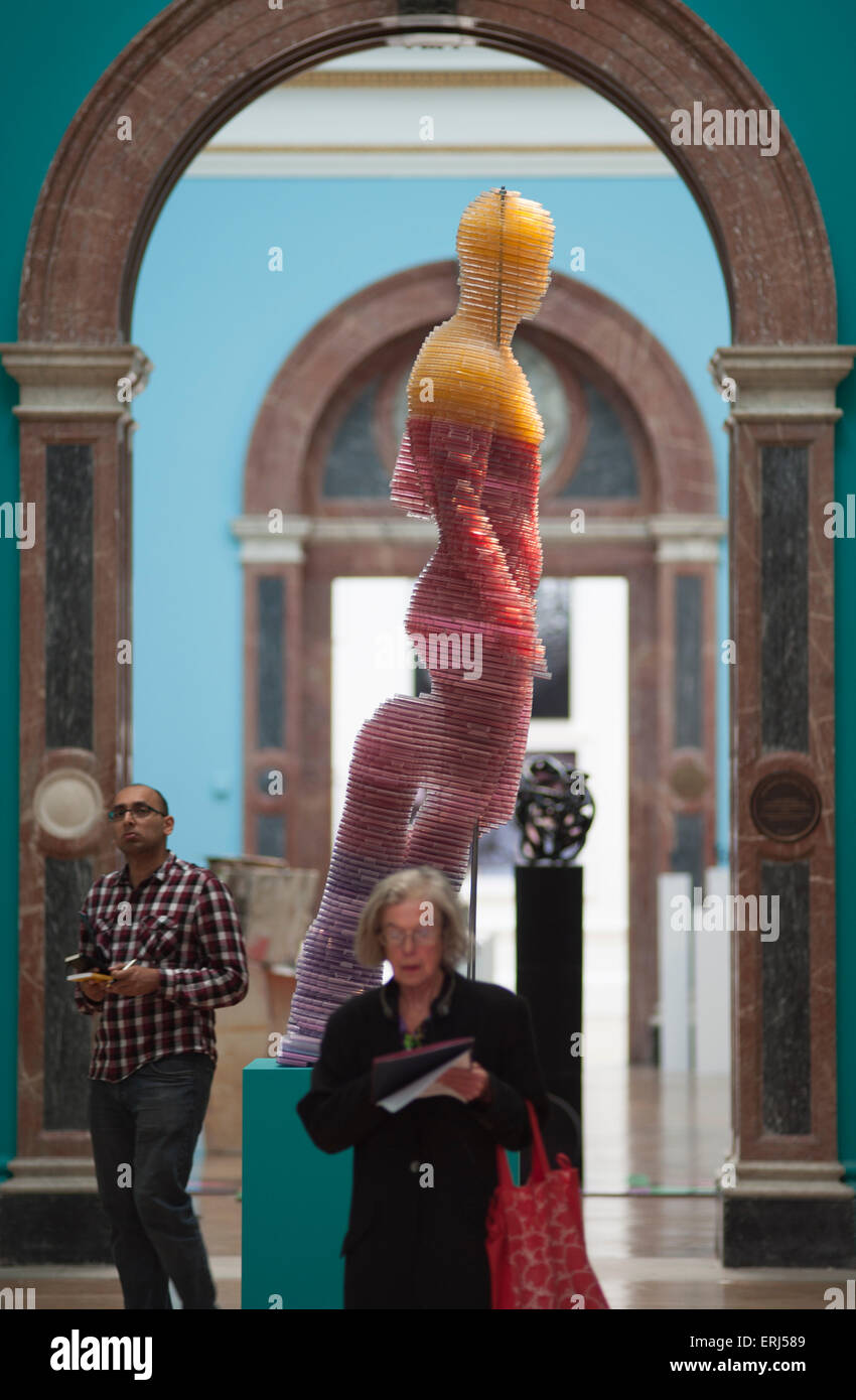 Royal Academy, Burlington House, London, UK. 3rd June, 2015. Press view of the Summer Exhibition which opens to the public on 8 June till 16 August.Matthew Darbyshire's polycarbonate sculpture, Captcha No. 11 (Doryphoros), in the Central Hall. Credit:  Malcolm Park editorial/Alamy Live News Stock Photo