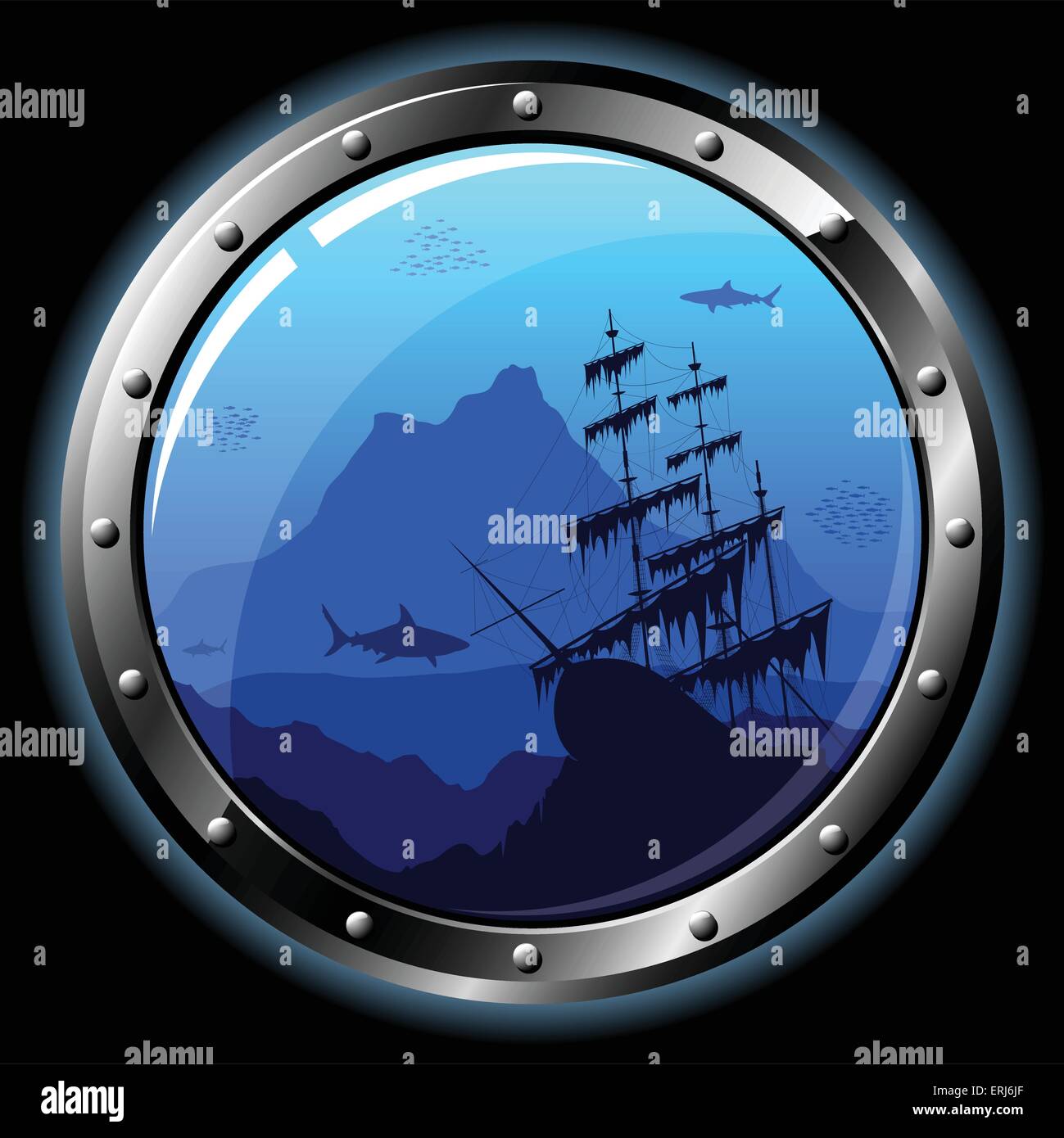 Steel porthole with a view of the underwater world. All transparent elements can be easily removed. Stock Vector