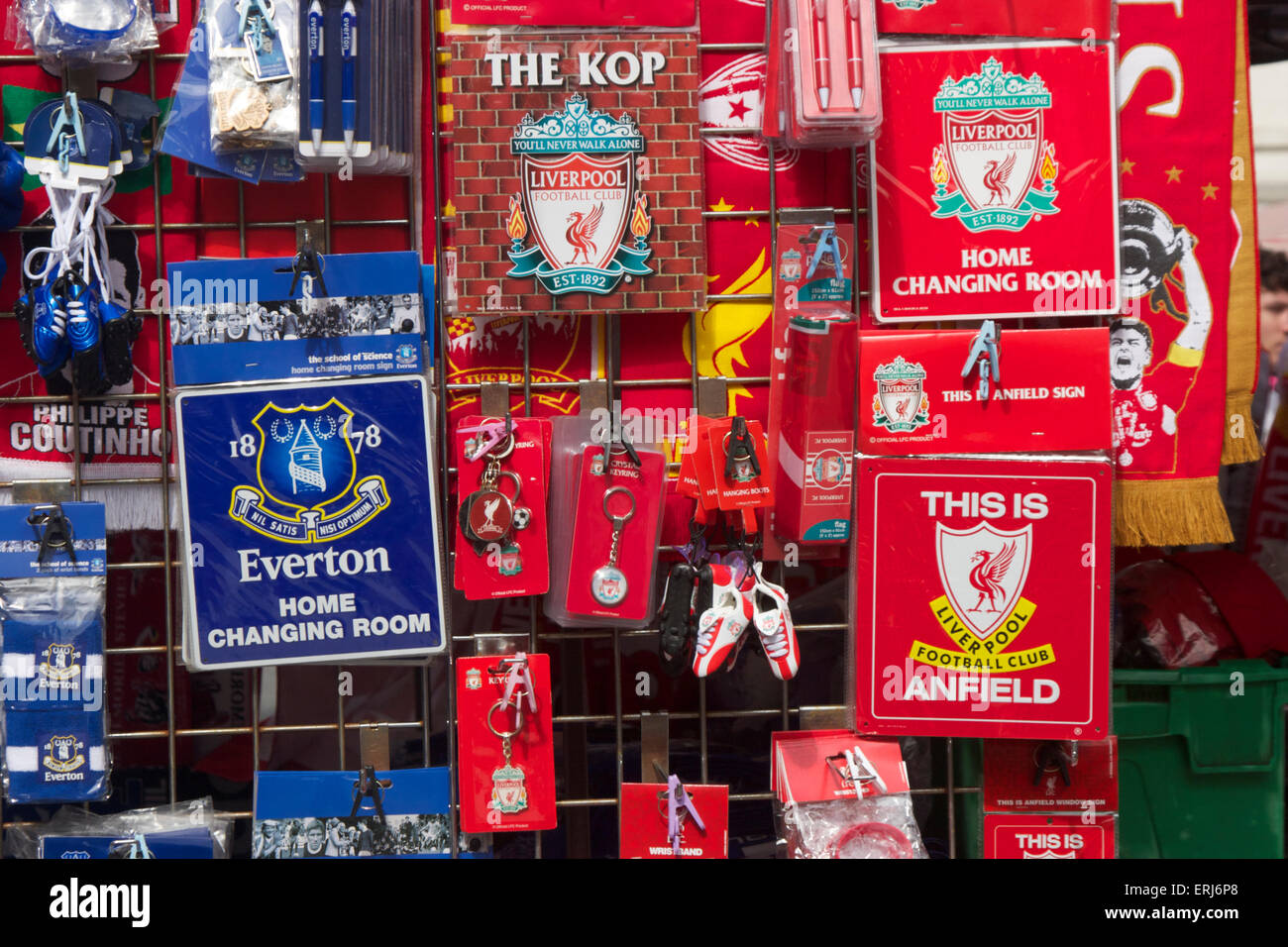 Liverpool and Everton football team souvenirs Stock Photo Alamy