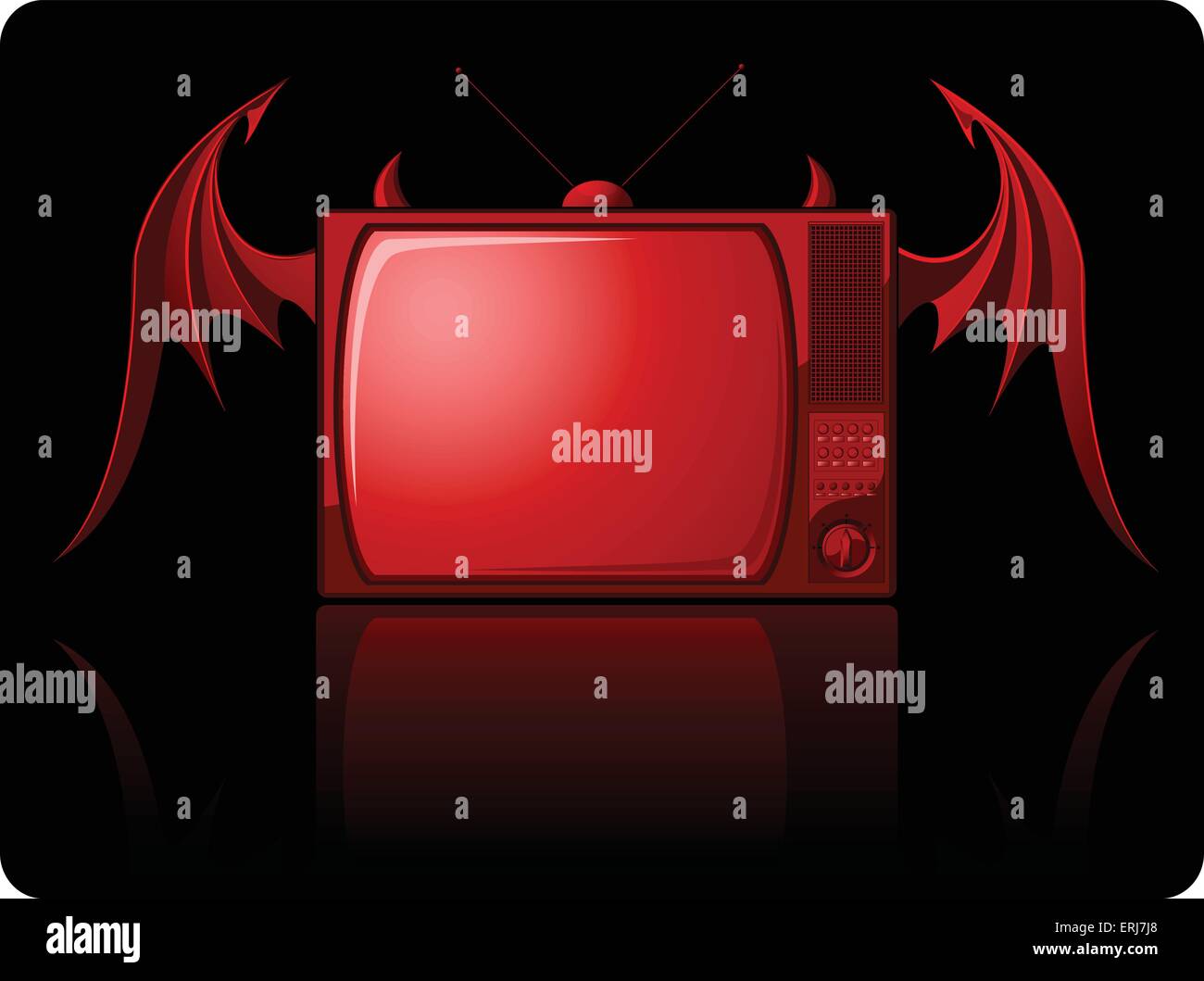 Red evil retro TV with wings isolated on black. Vector illustration. Stock Vector