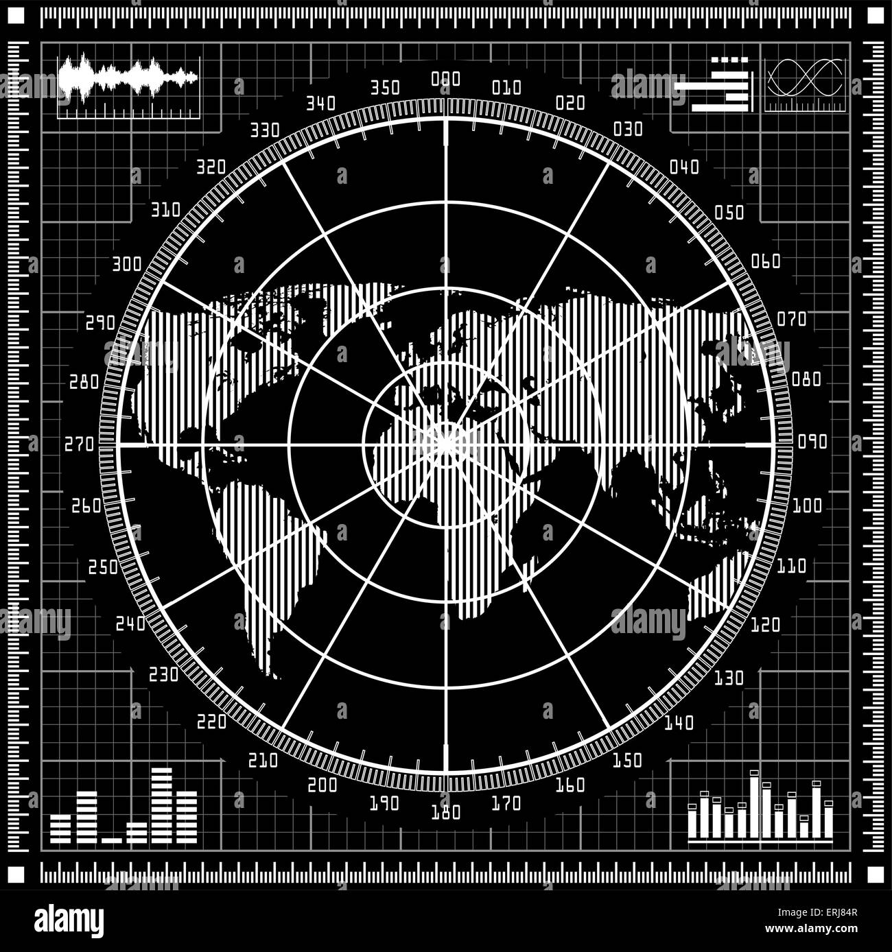 Radar screen.  Black and white vector illustration. Stock Vector