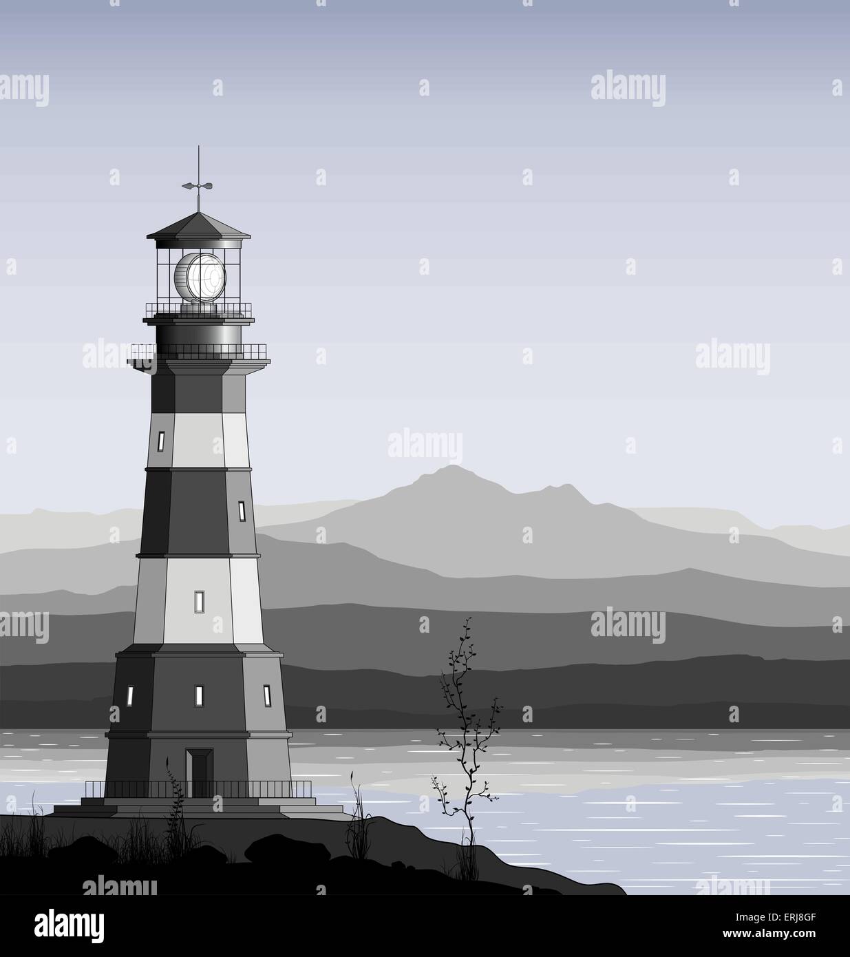 Landscape with detailed lighthouse, mountain range and sea Stock Vector